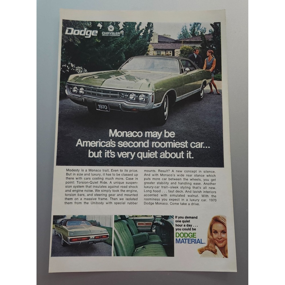 Vintage 1969 Dodge Monaco Original Print Ad Full Page - Second Roomiest Car